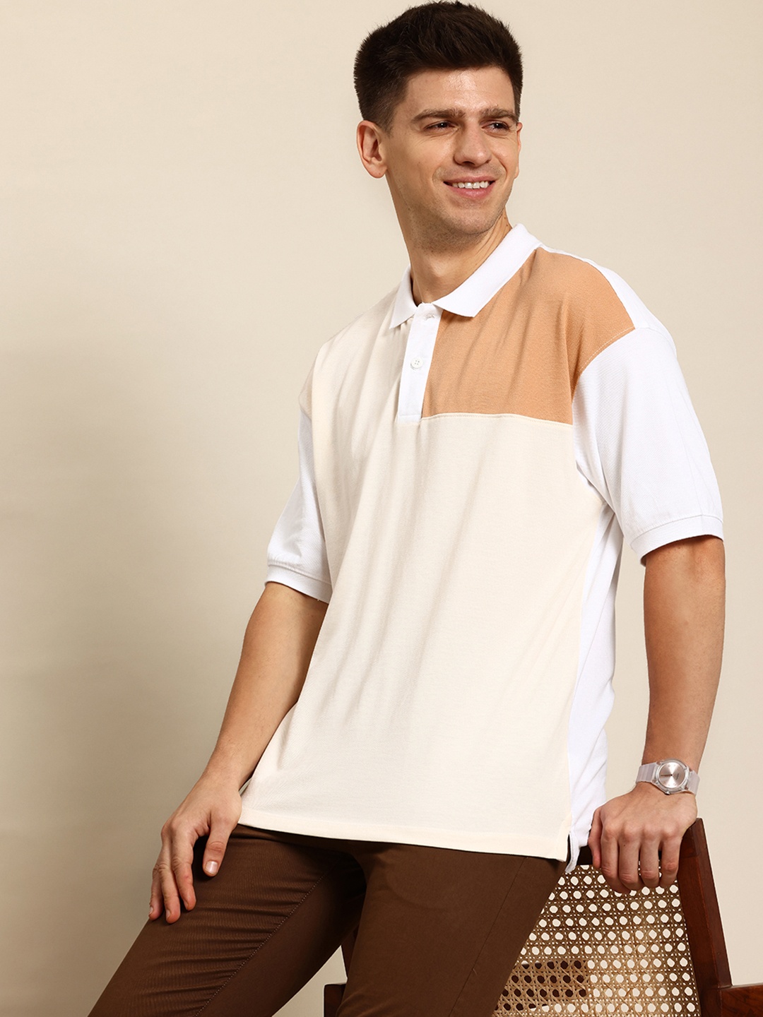 

Mast & Harbour Men Colourblocked Polo Collar Oversized T-shirt, Cream