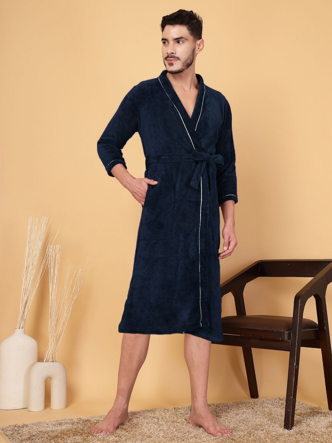 

FABINALIV Men Solid Cotton Bath Robe with Belt and 2 Cross Pockets, Navy blue