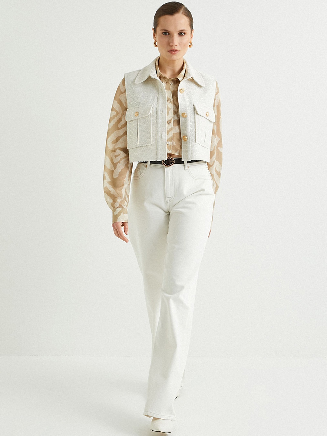 

Koton Spread Collar Sleeveless Open Front Jacket, Beige