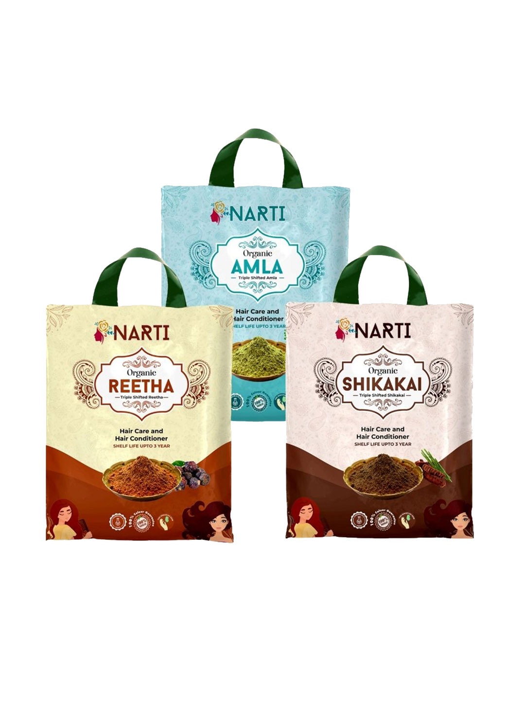 

NARTI 3 Pcs Organic Amla shikakai and Reetha powder for hair- 200gm Each, Brown