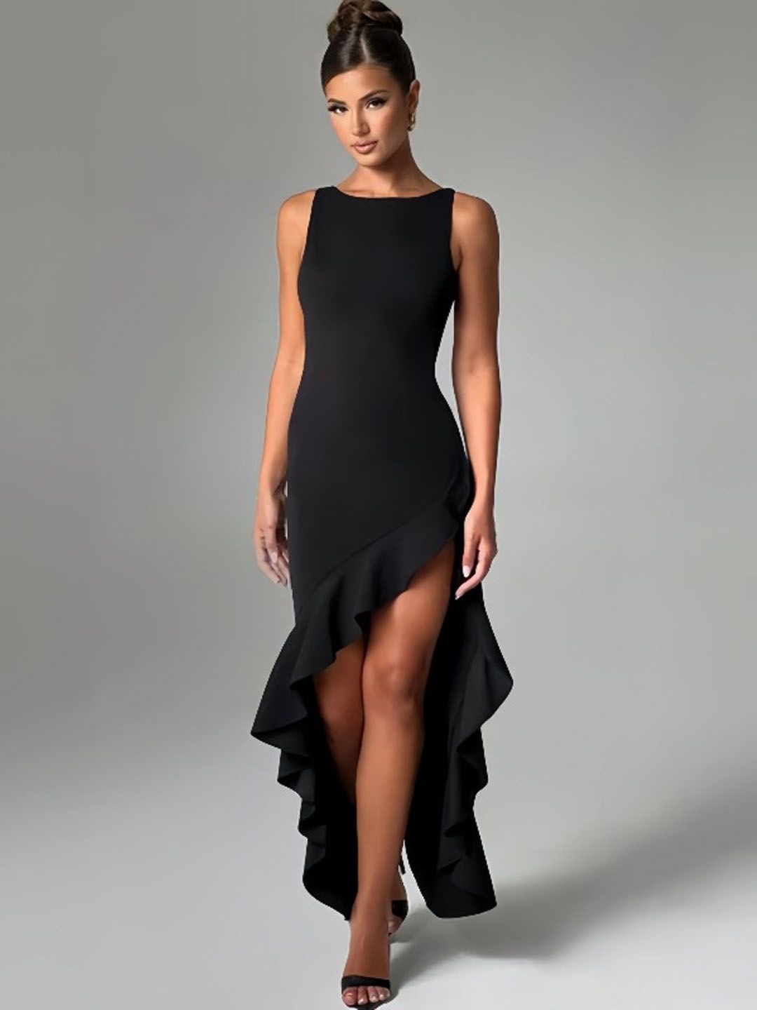 

StyleCast Print Asymmetric Hemline Round neck Bodycon Midi Dress, Black
