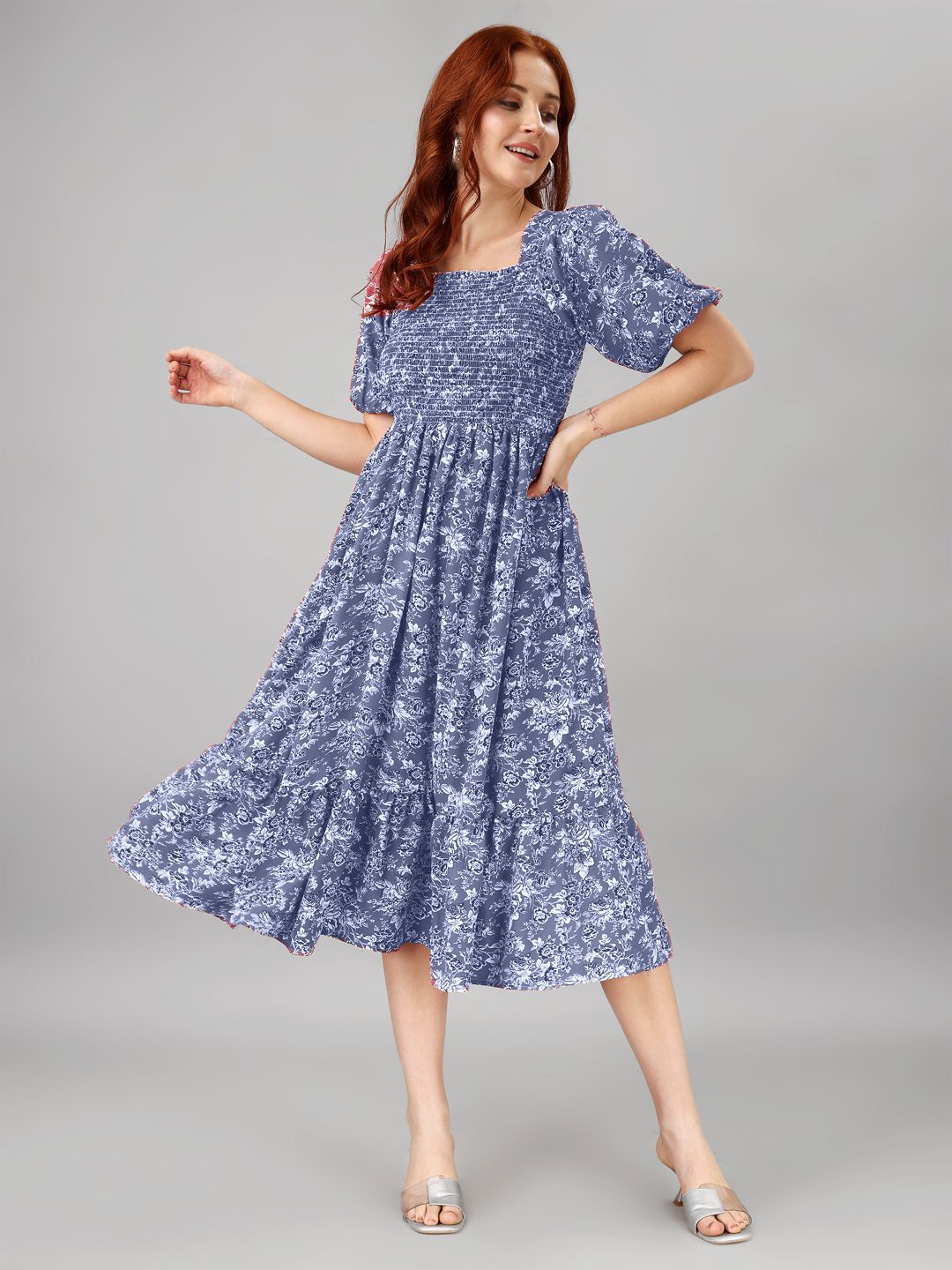 

Femvy Floral Print Puff Sleeve Applique Midi Dress, Blue