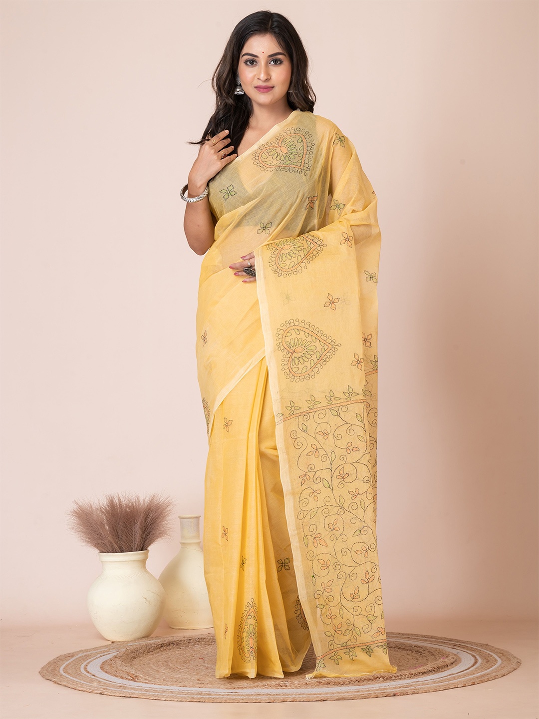 

Laa Calcutta Ethnic Motifs Embroidered Pure Cotton Saree, Yellow