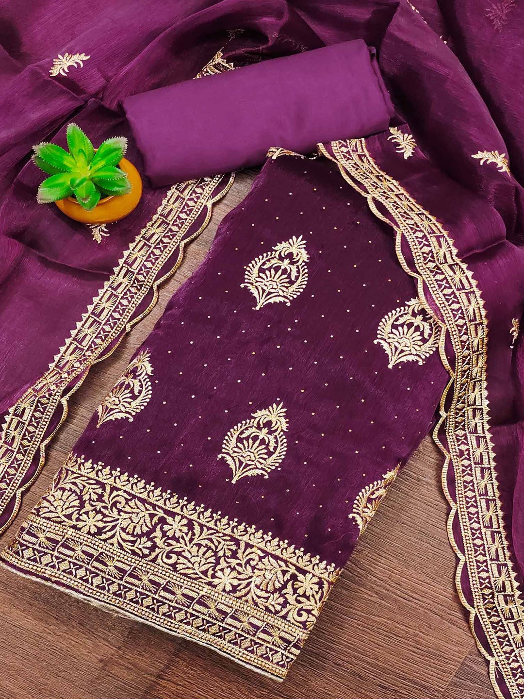 

Peachmode Beads & Stones Unstitched Dress Material, Purple