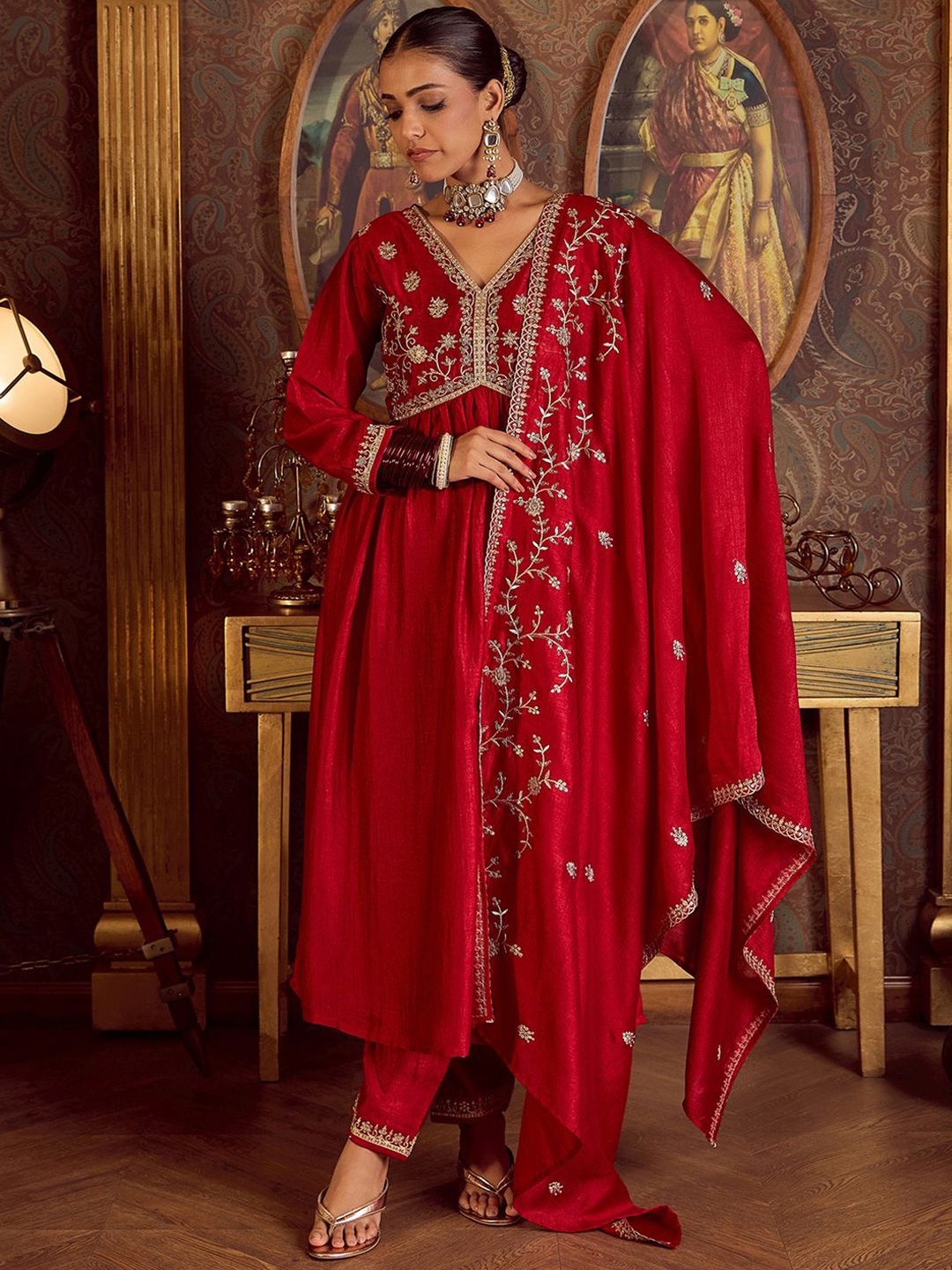 

Indo Era Floral Embroidered Empire Kurta with Trousers & Dupatta, Red