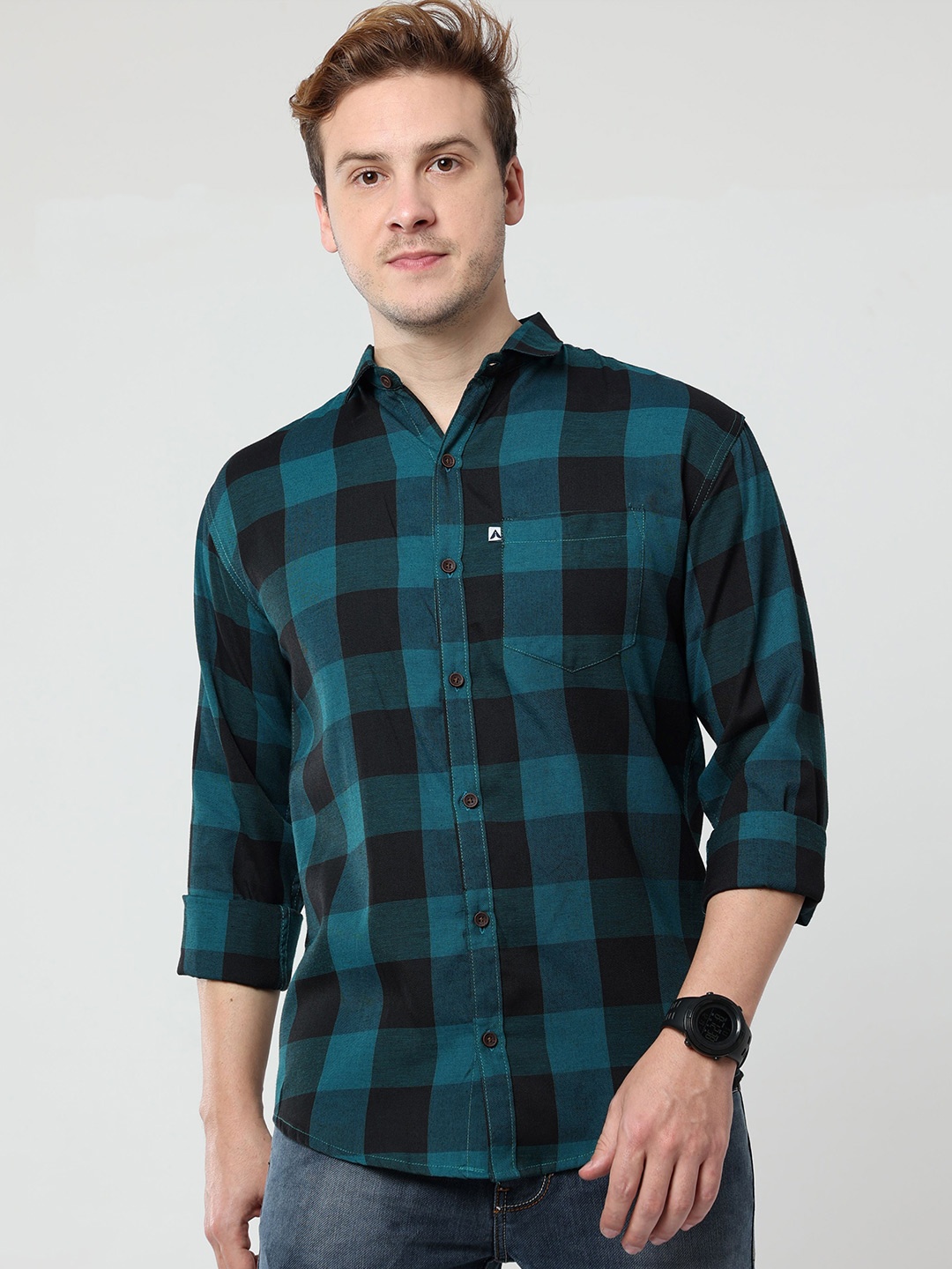 

ALLWIN PAUL Men Comfort Cutaway Collar Buffalo Checked Cotton Casual Shirt, Green