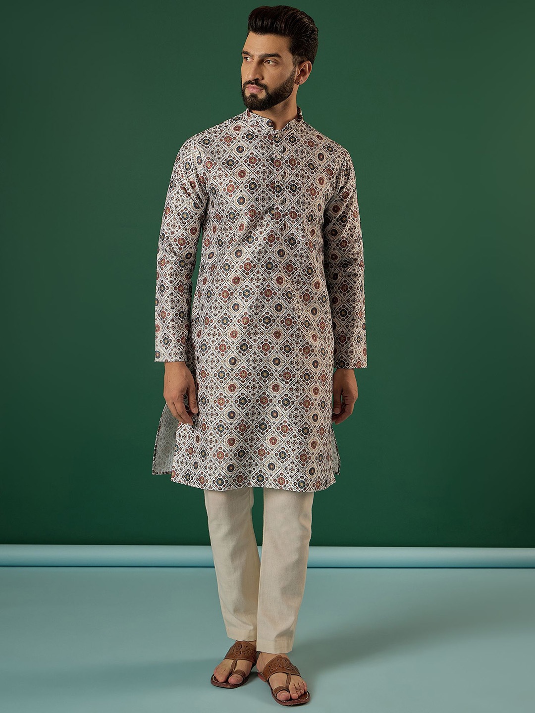 

Anouk Grey Ethnic Motifs Printed & Embroidered Sequinned Mandarin Collar Straight Kurta