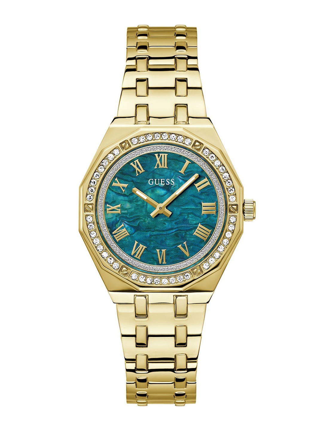 

GUESS Women Embellished Dial & Stainless Steel Bracelet Style Straps Analogue Watch GW0770L2, Green