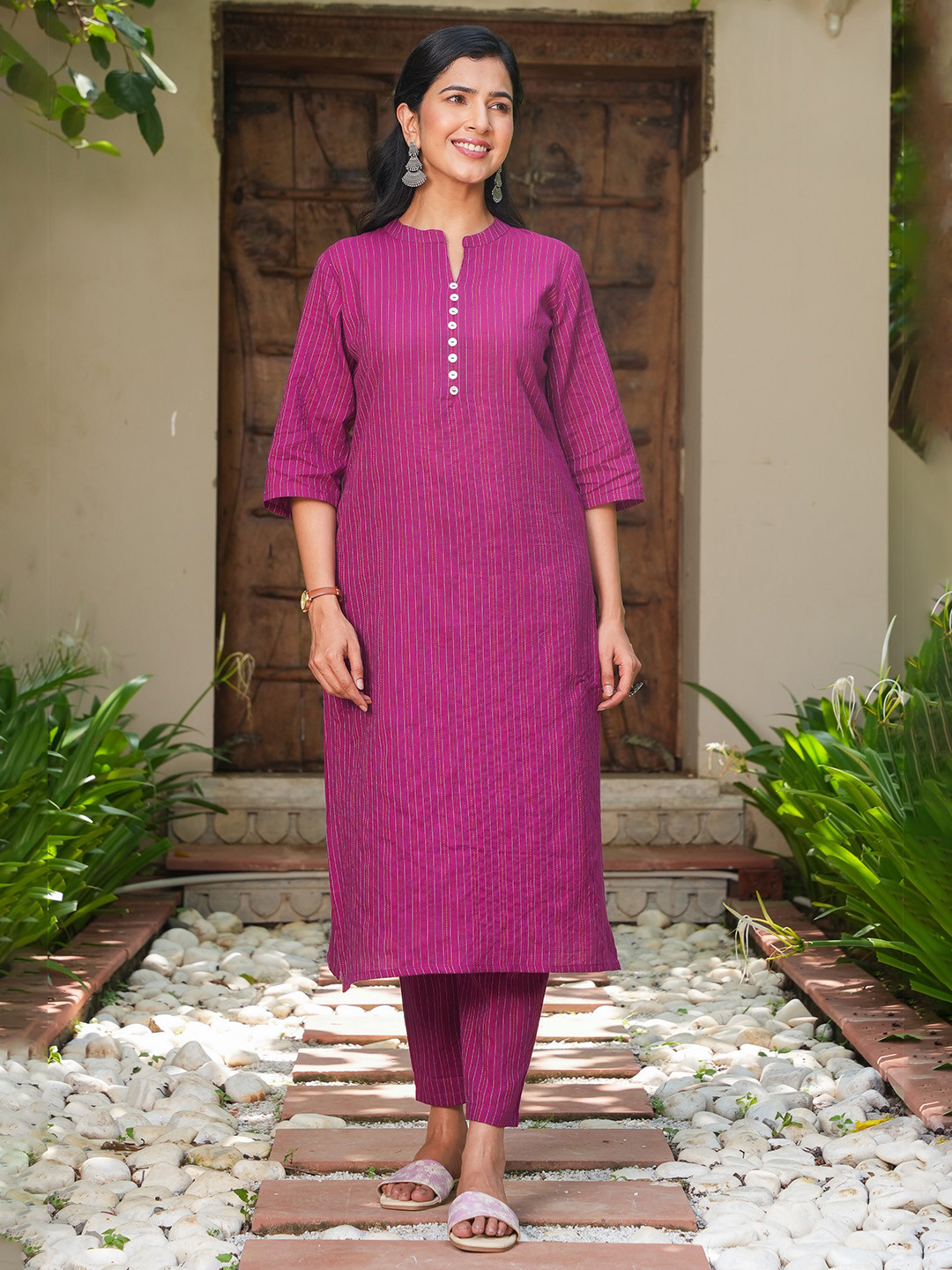 

Aramya Striped Woven Design Kantha Work Pure Cotton Straight Kurta With Trousers, Pink