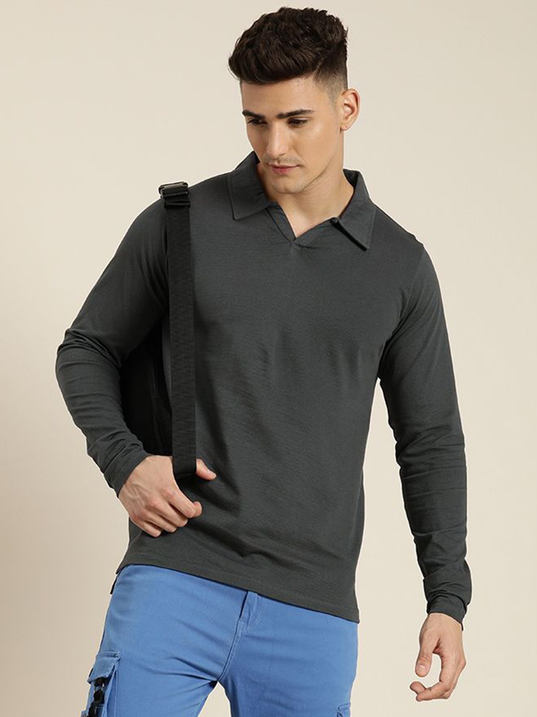 

DILLINGER Men Solid Honeycomb Structure Long Sleeve Cotton Polo T-Shirt, Grey