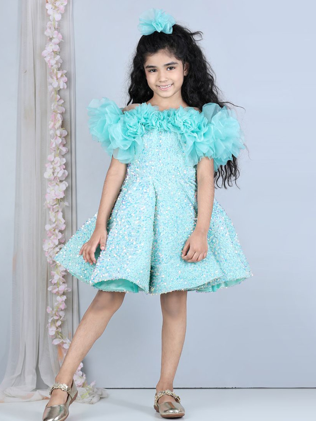 

The Lush Affair Emblished Flutter Sleeve Net Fit & Flare Dress, Turquoise blue