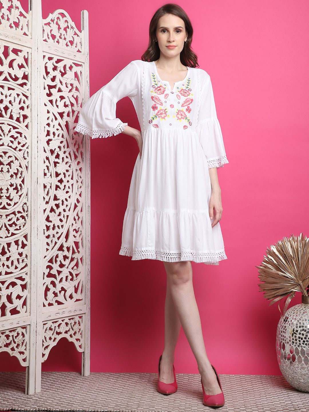 

Aawari Floral Flared Sleeve Empire Dress, White