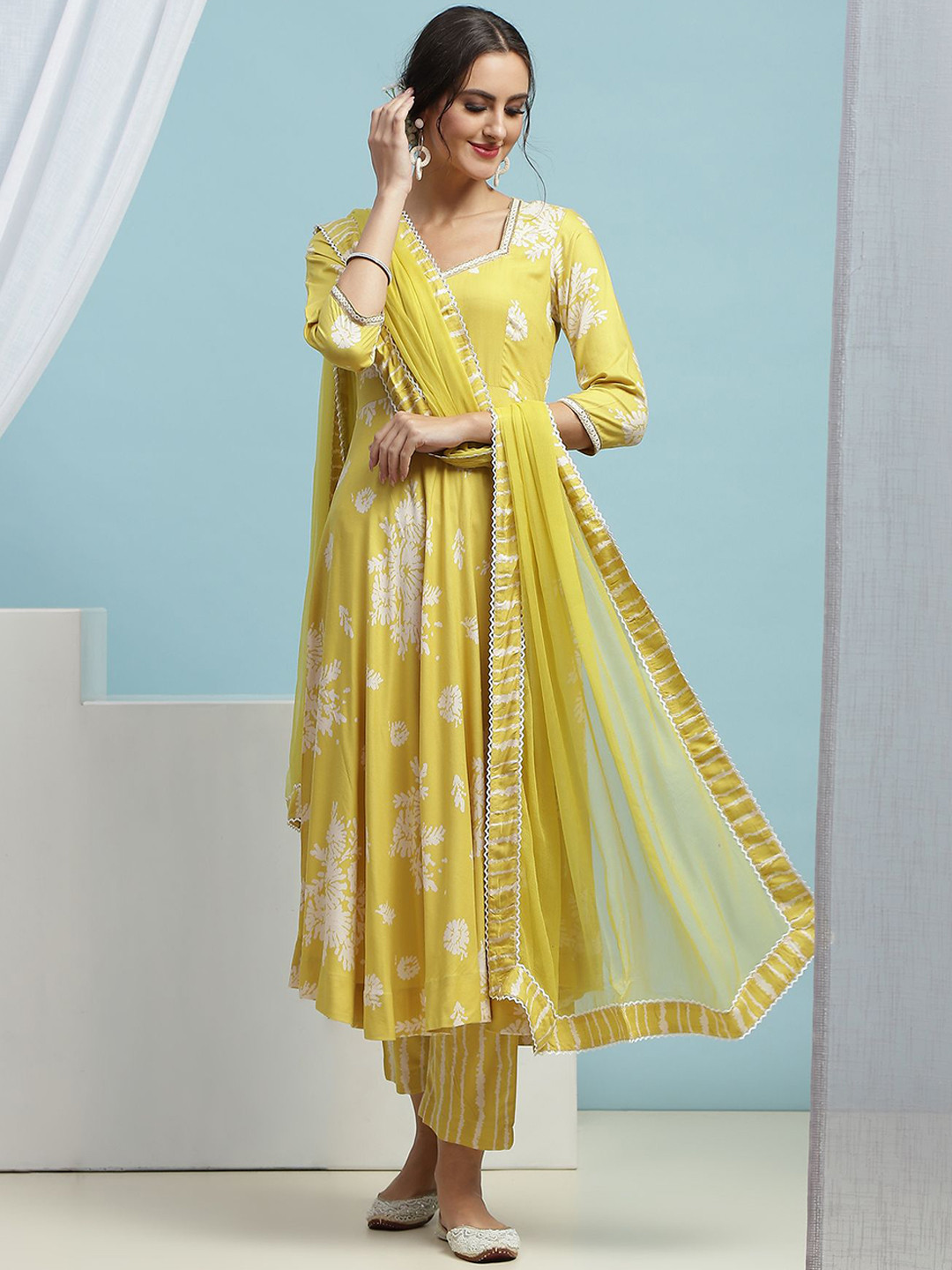 

Khushal K Floral Printed Mirror Work Anarkali Kurta with Palazzos & Dupatta, Yellow