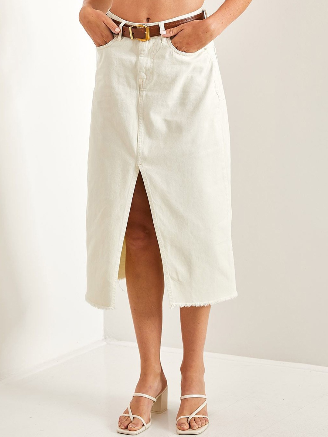 

BIANCO LUCCI Pure Cotton Front Slit Straight Midi Skirt, White
