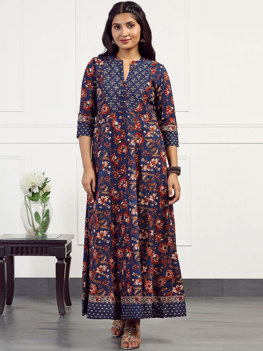 

BAESD Floral Printed Mandarin Collar Cotton Anarkali Maxi Length Kurta, Navy blue