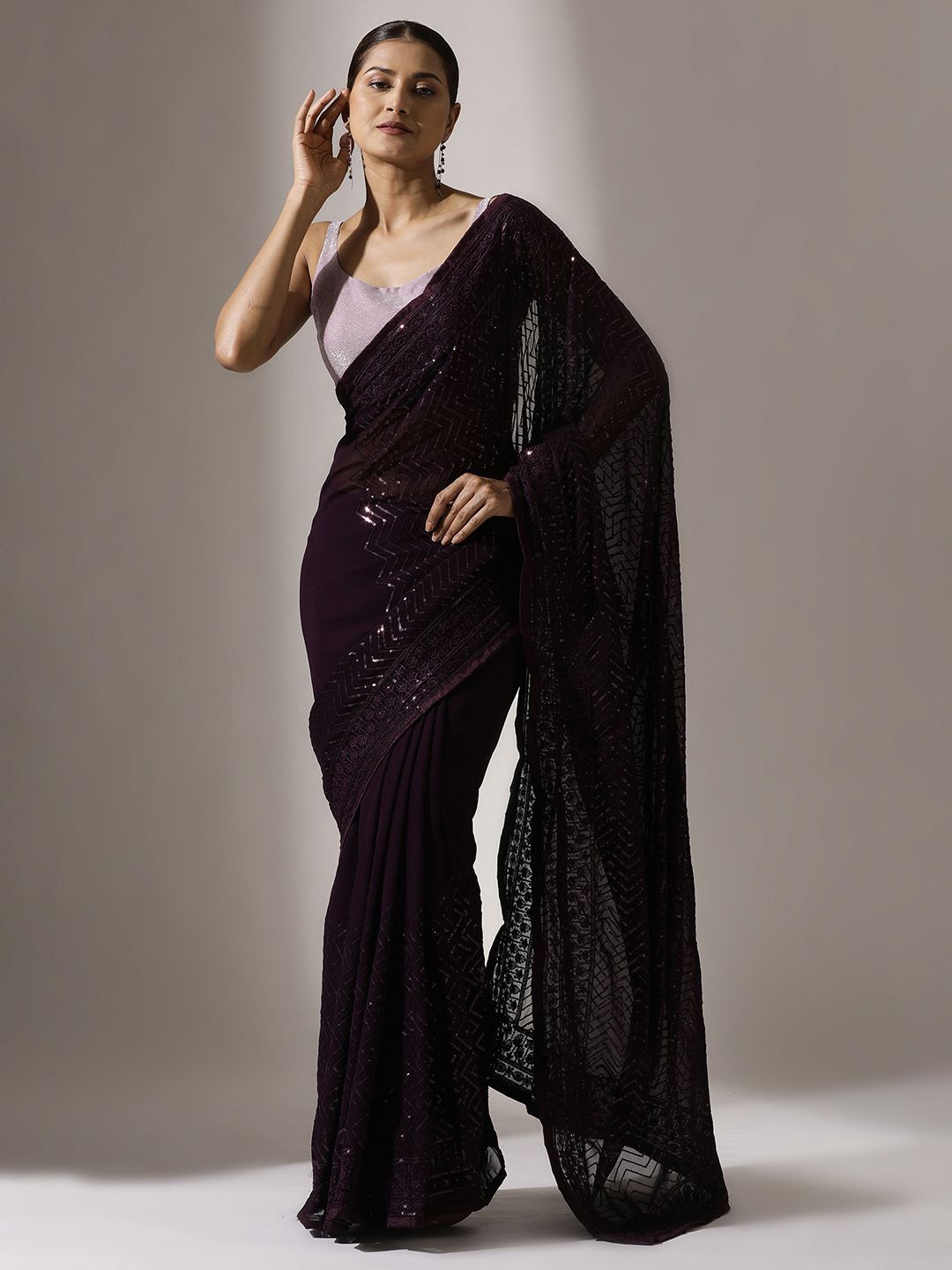 

Qahal Pure Georgette Sequinned Embellished Designer Saree, Purple