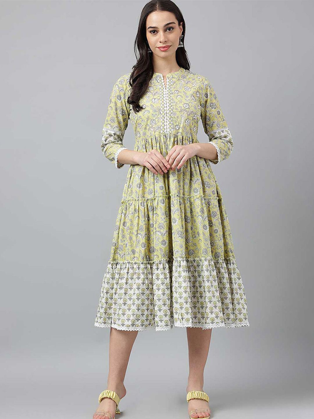

ARAVALII Floral Embroidered Fit and Flare Midi Dress, Yellow