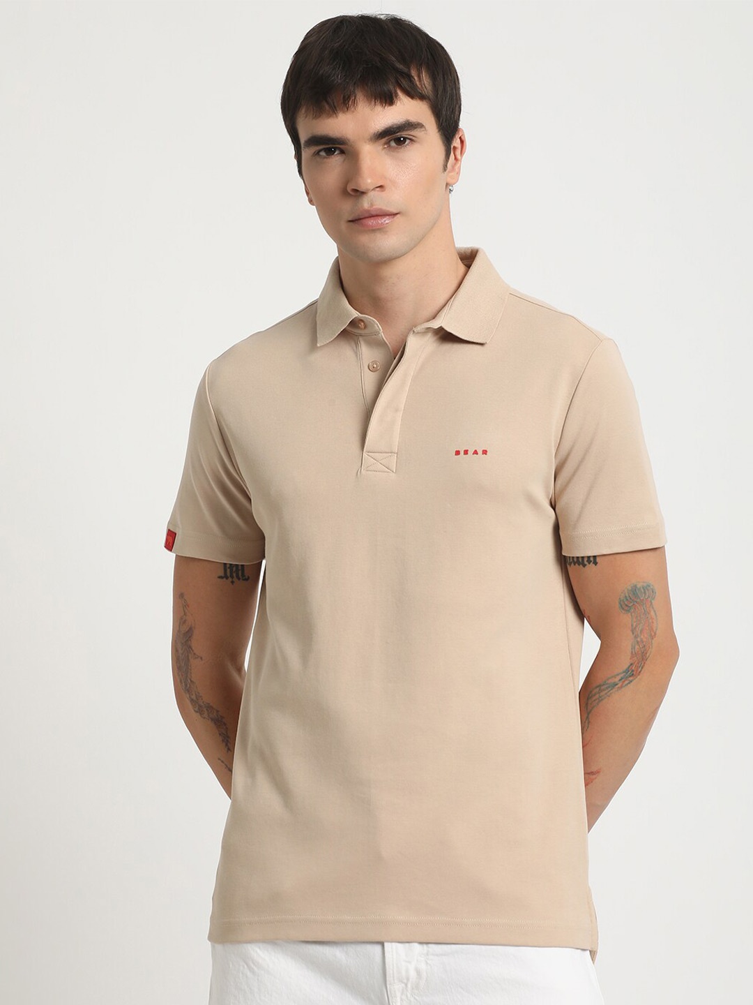 

THE BEAR HOUSE Polo Collar Slim Fit Pure Cotton T-shirt, Beige