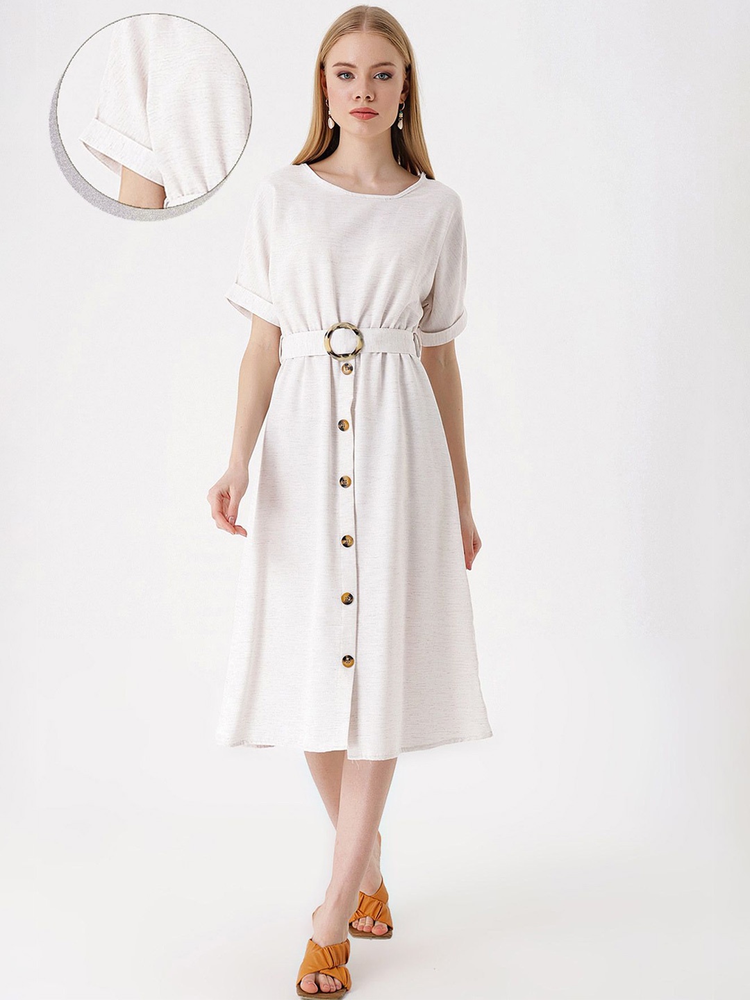 

BIGDART Solid Belted A-Line Midi Dress, Off white