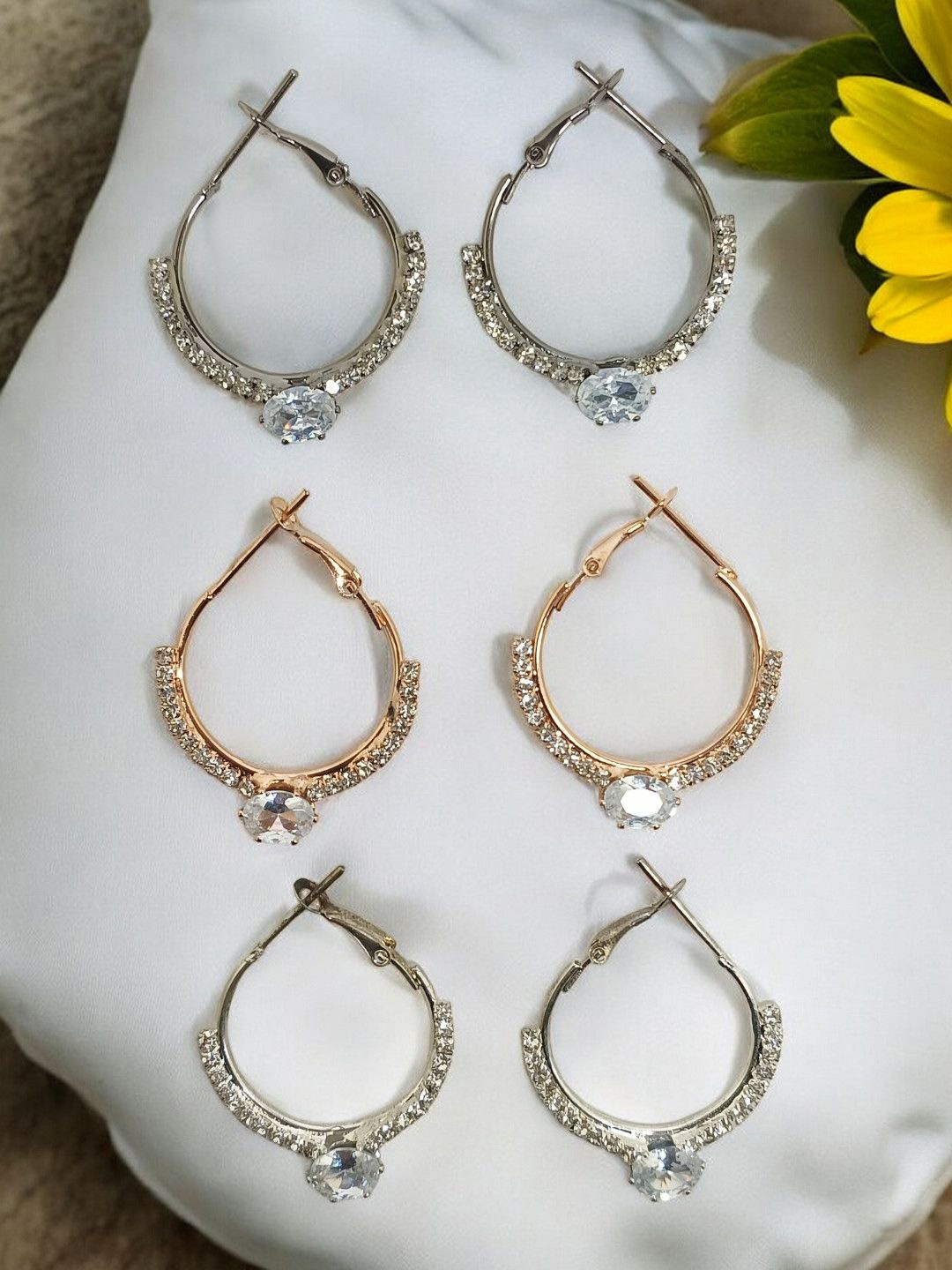 

9blings Set Of 3 Gold-Plated Cubic Zirconia Studded Circular Hoop Earrings
