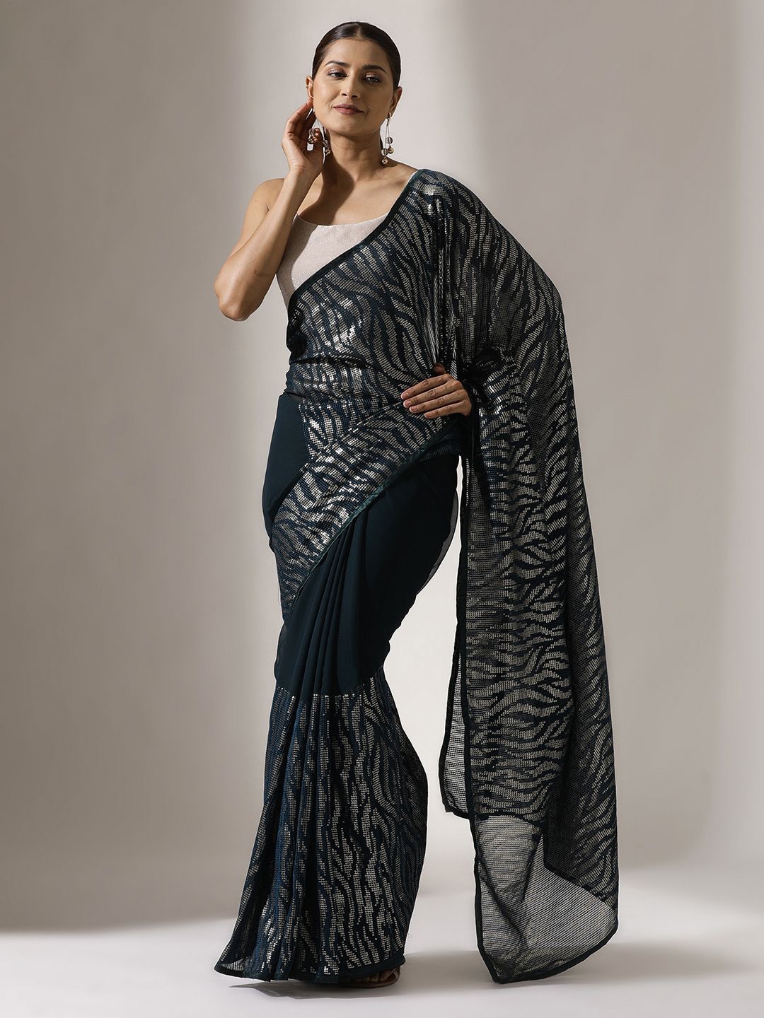 

Qahal Sequinned Pure Georgette Saree, Blue