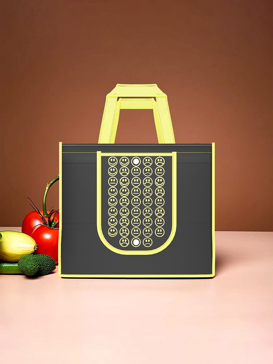 

Kuber Industries Set Of 4 Smiley Printed Lightweight Reusable & Foldable Shopping Bags, Black