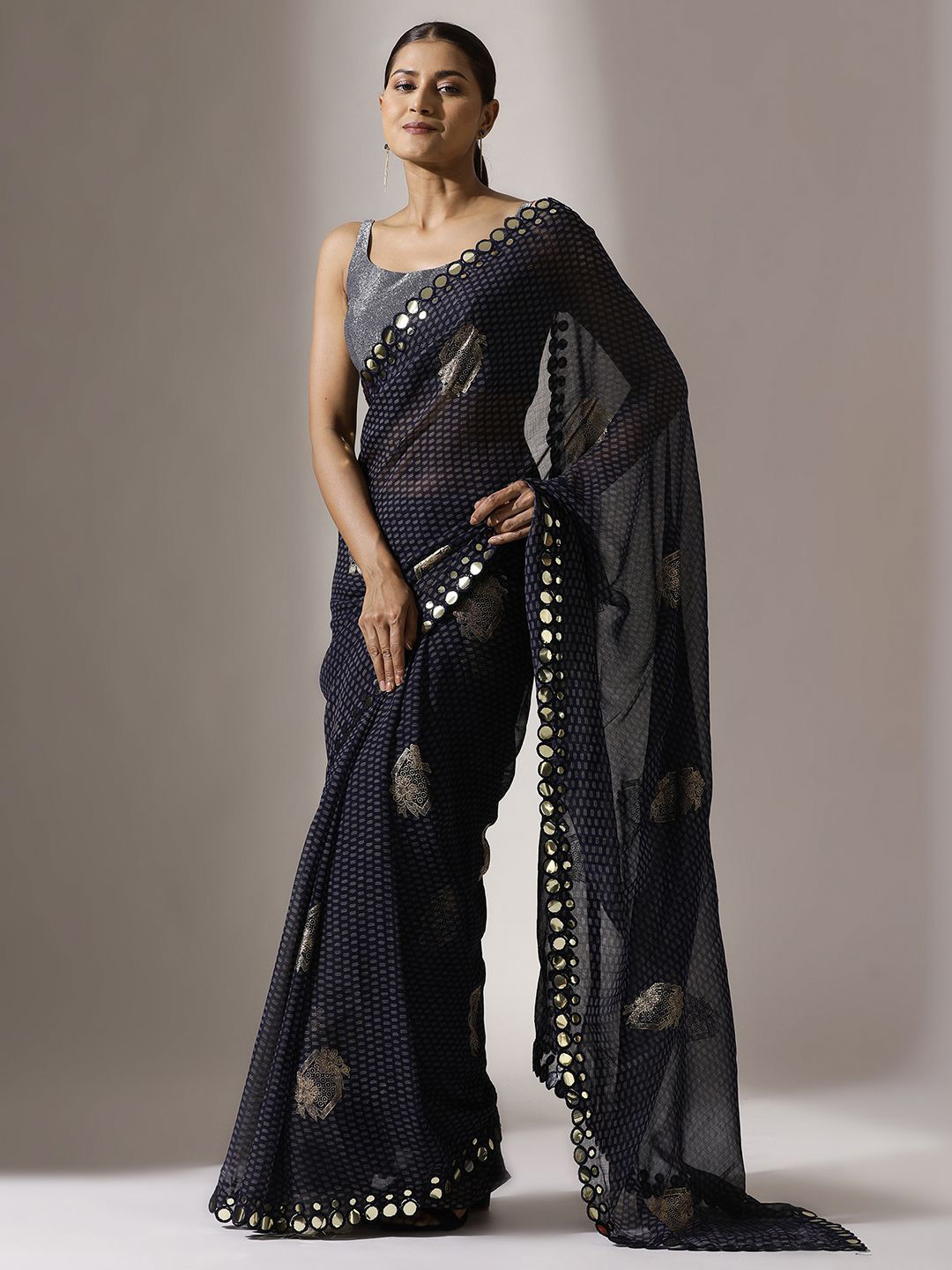 

Qahal Embellished Mirror Work Pure Georgette Designer Saree, Blue
