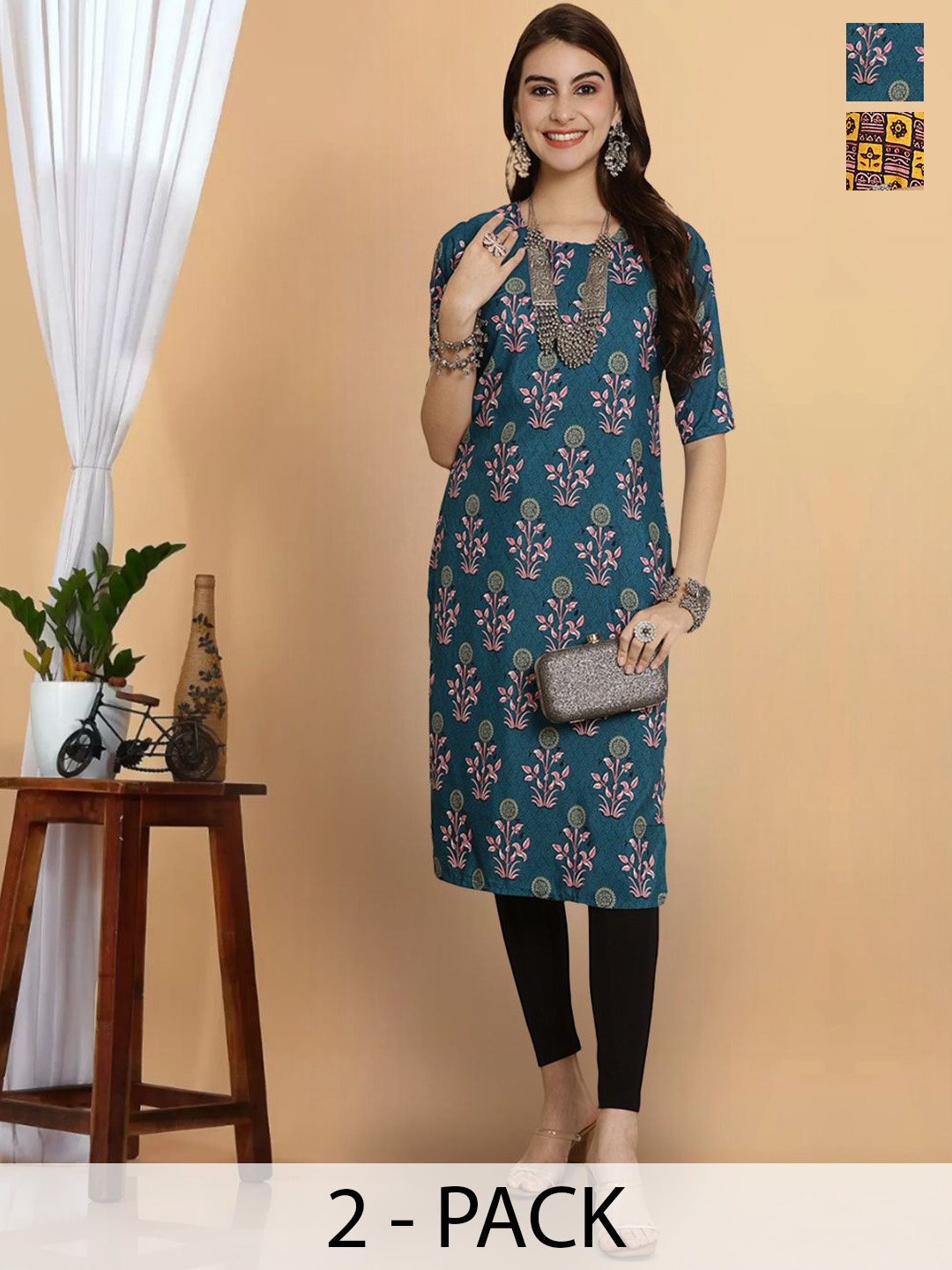 

7Threads Selection Of 2 Floral Printed Round Neck Crepe Straight Kurta, Blue