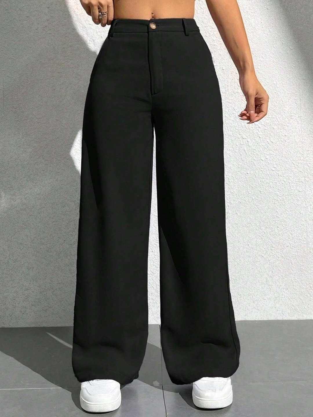 

BUY NEW TREND Women Relaxed Straight Fit High-Rise Trousers, Black