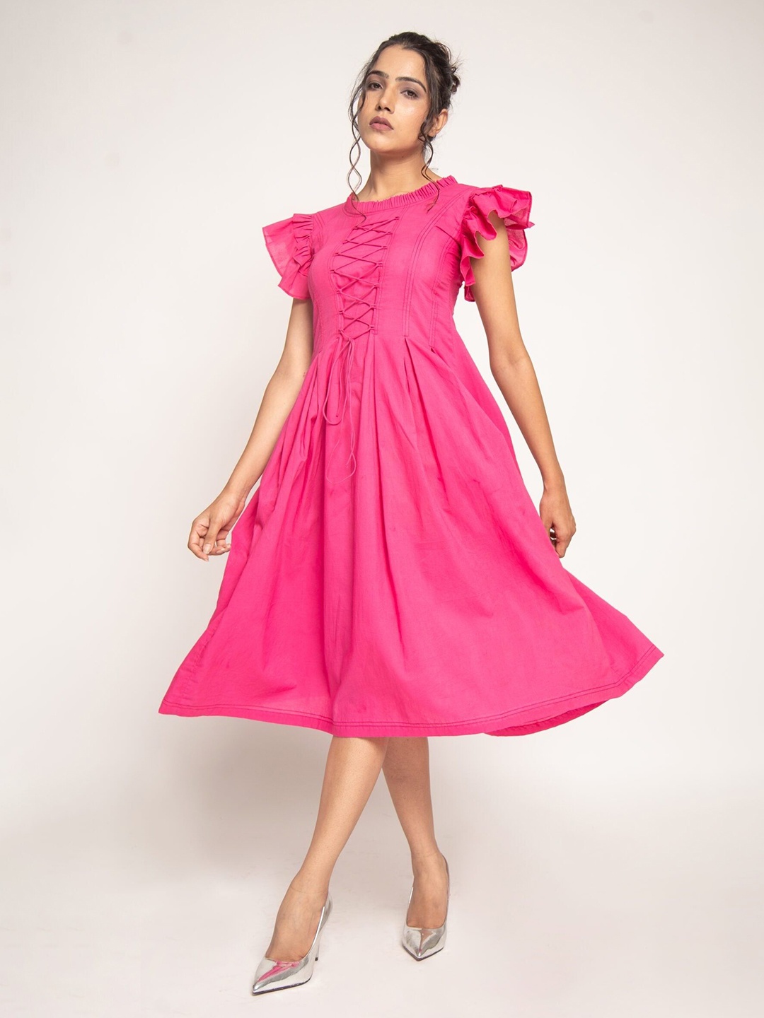 

JORASA Flutter Sleeves Fit & Flare Midi Dress, Pink