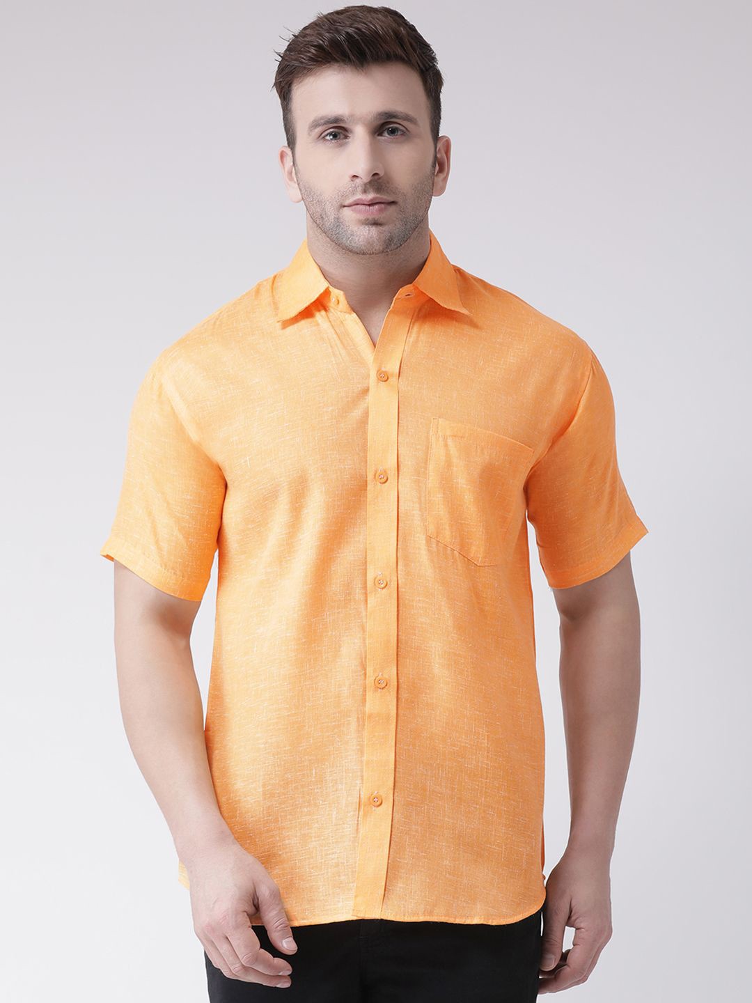 

KLOSET BY RIAG Men Classic Spread Collar Solid Cotton Linen Casual Shirt, Orange