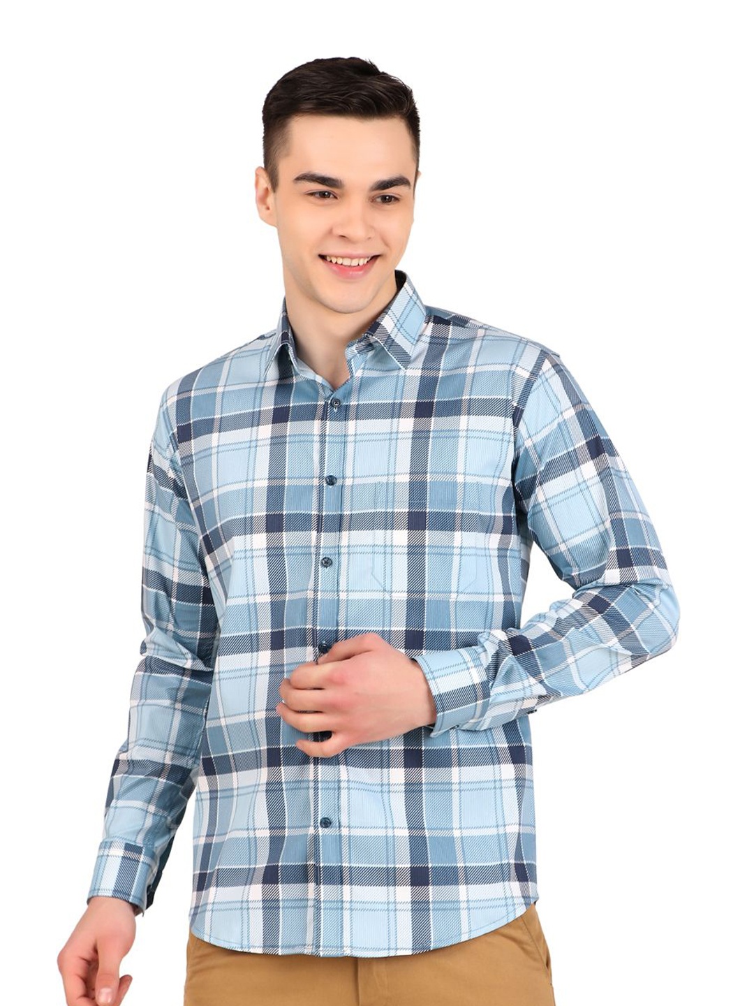 

DESIGN UP Men Premium Spread Collar Tartan Checked Cotton Slim Fit Casual Shirt, Blue