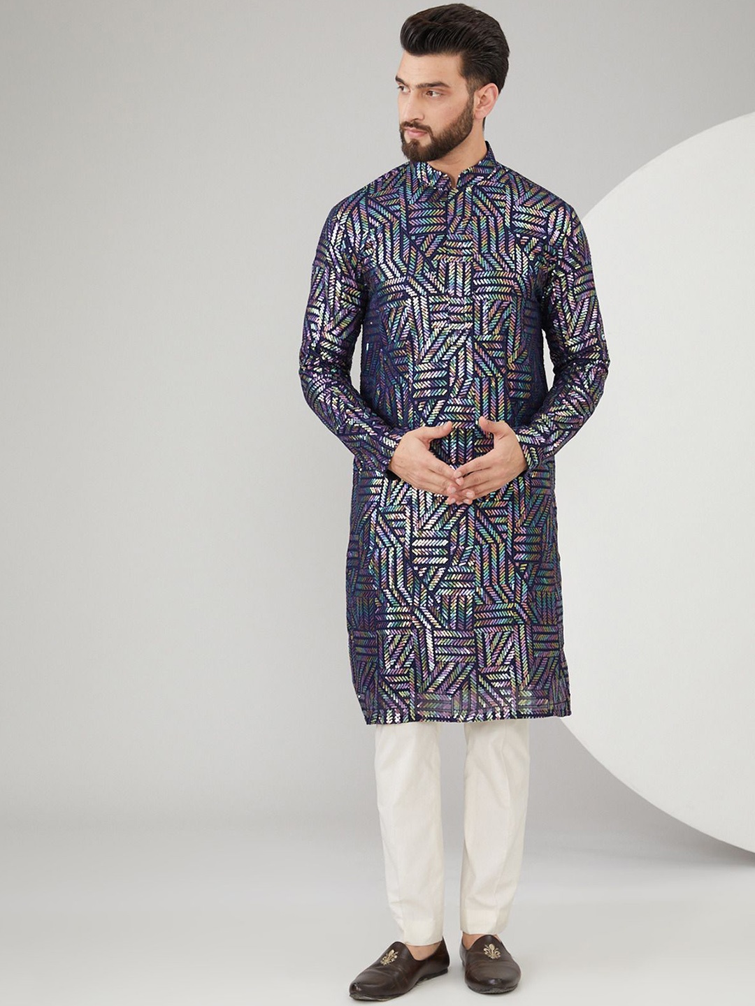 

KASBAH CLOTHING NISHCHAIY SAJDEH Embroidered Sequins Work Mandarin Collar Georgette Kurta, Navy blue