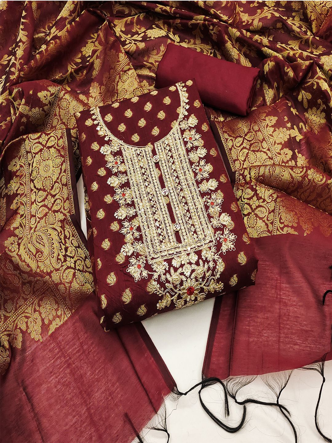 

Lilots Floral Woven Design Sequinned Banarasi Silk Unstitched Dress Material, Maroon