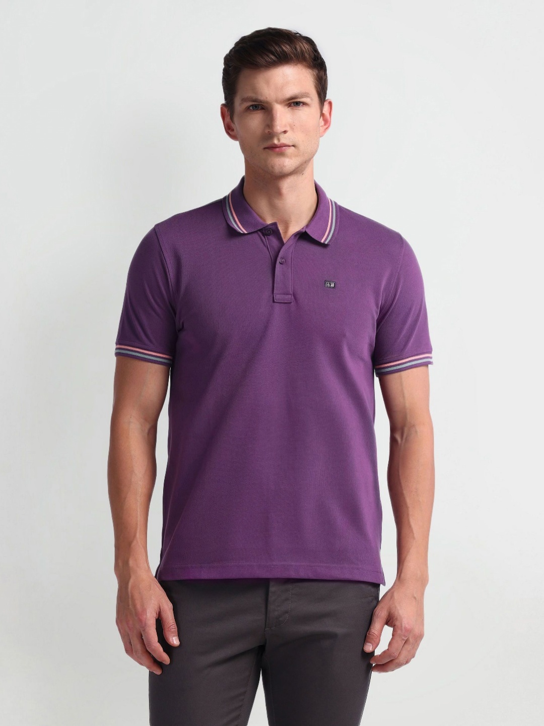 

Arrow Sport Men Solid Polo Collar Cotton T-Shirt, Purple