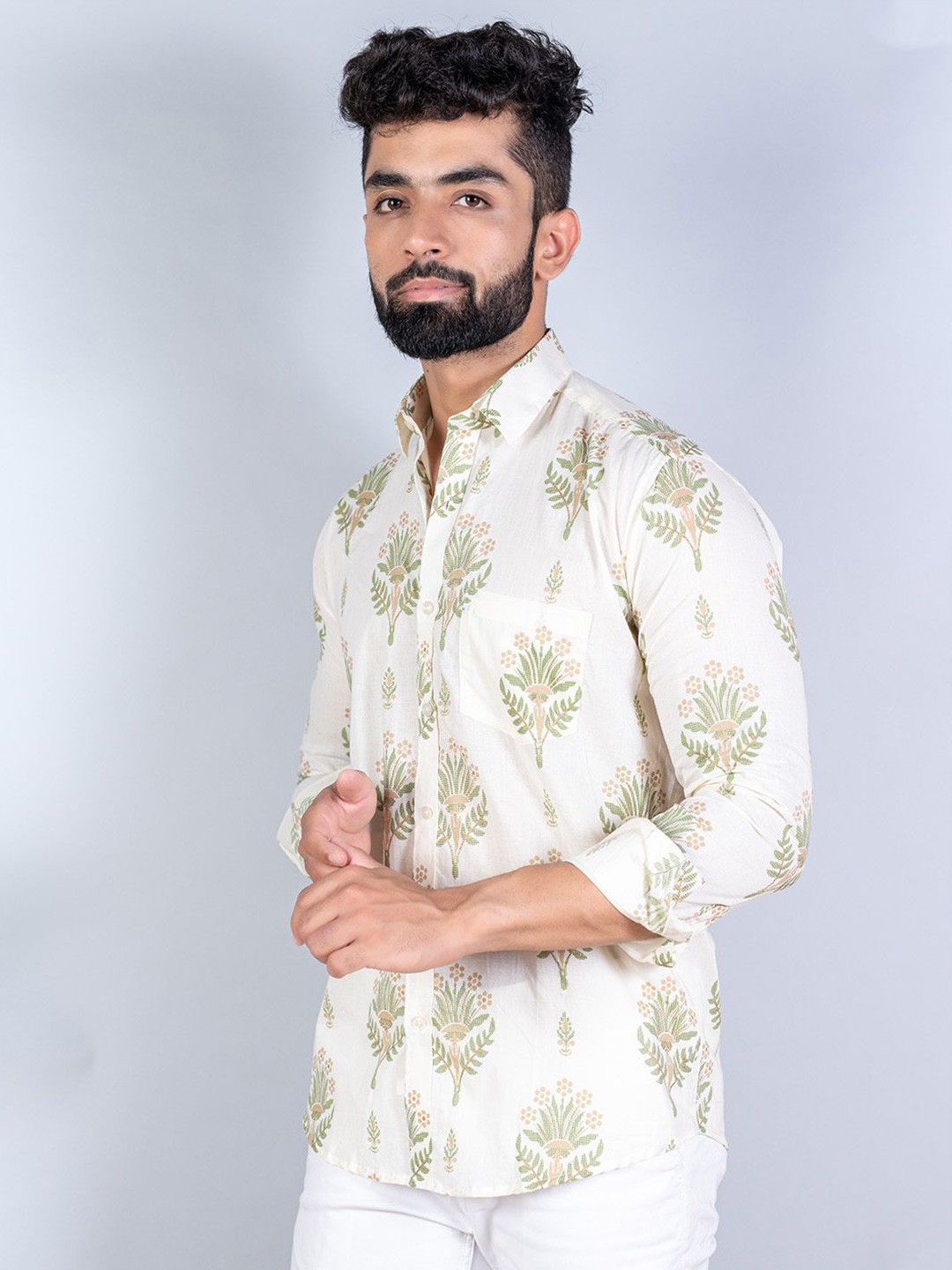 

Tistabene Men Standard Spread Collar Floral Printed Cotton Casual Shirt, Off white