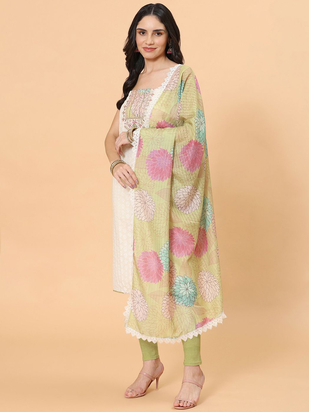 

Meena Bazaar Floral Embroidered Sequinned Unstitched Dress Material, Cream