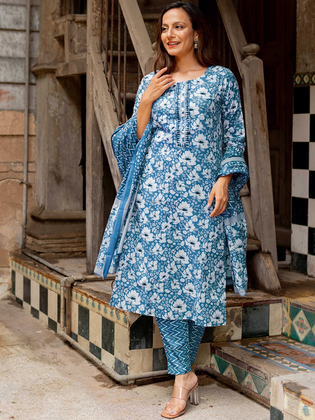 

KALINI Floral Printed Sequinned Pure Cotton Kurta with Trousers & Dupatta, Teal