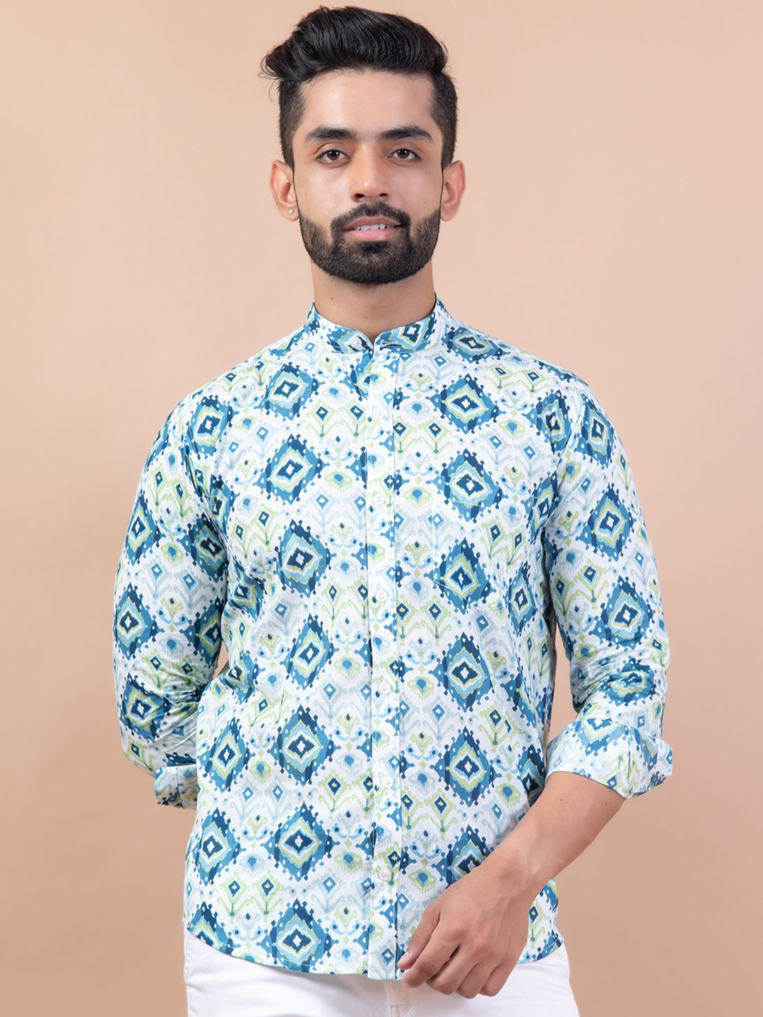 

Tistabene Men Standard Band Collar Ethnic Printed Cotton Casual Shirt, Blue