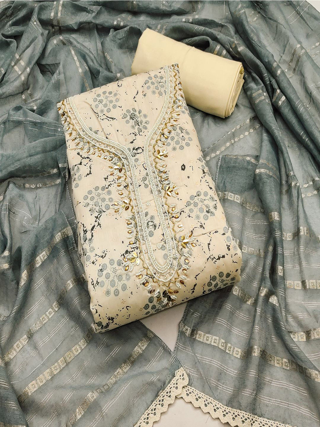 

Lilots Floral Printed Beads & Stones Embellished Unstitched Dress Material, Cream
