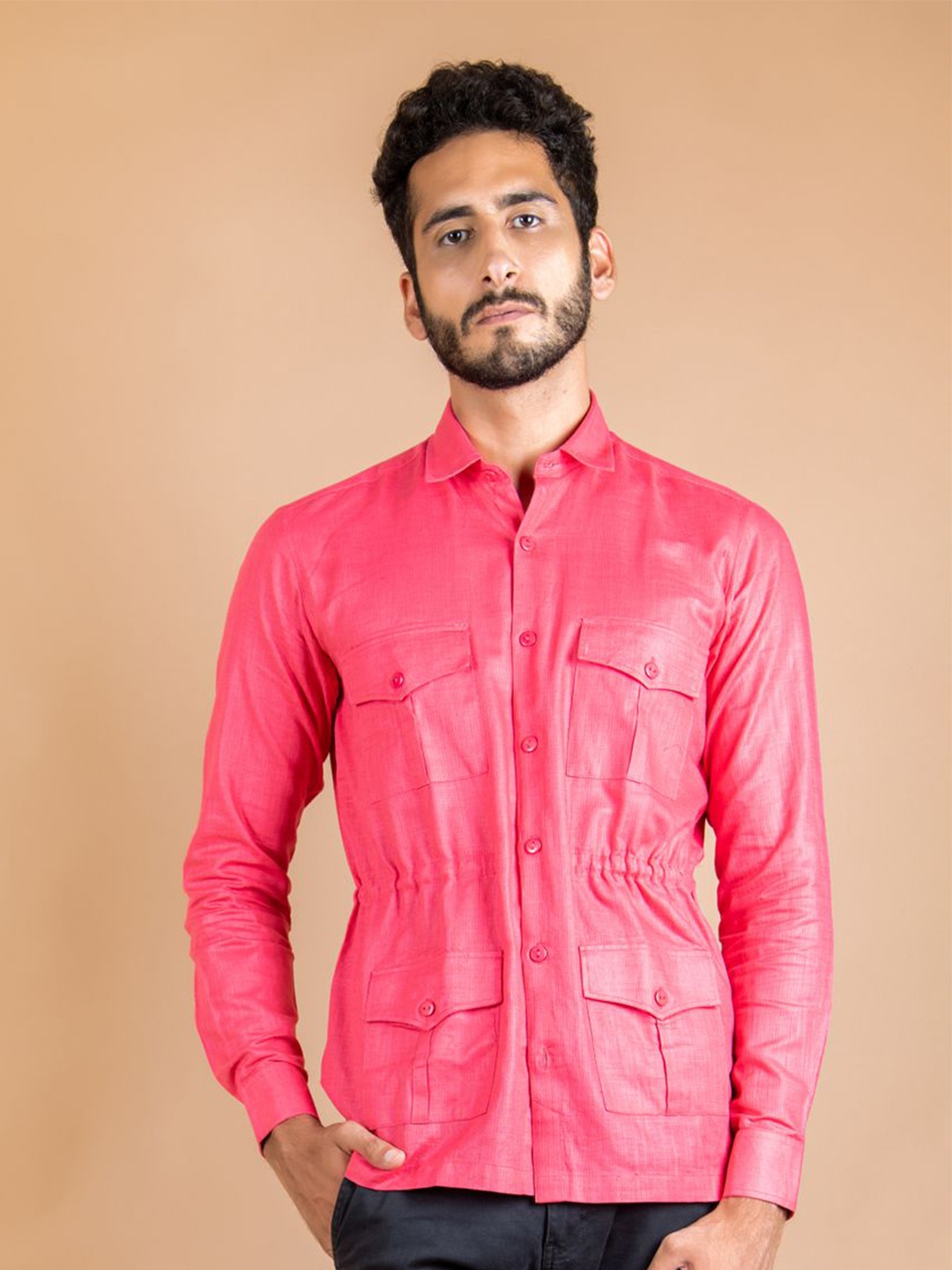 

Tistabene Men Standard Spread Collar Solid Linen Casual Shirt, Pink