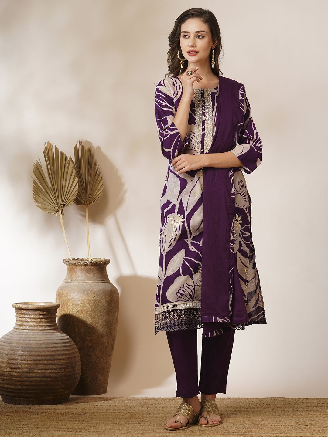 

FASHOR Floral Printed Straight Sequinned Pure Cotton Kurta with Trousers & Dupatta, Purple