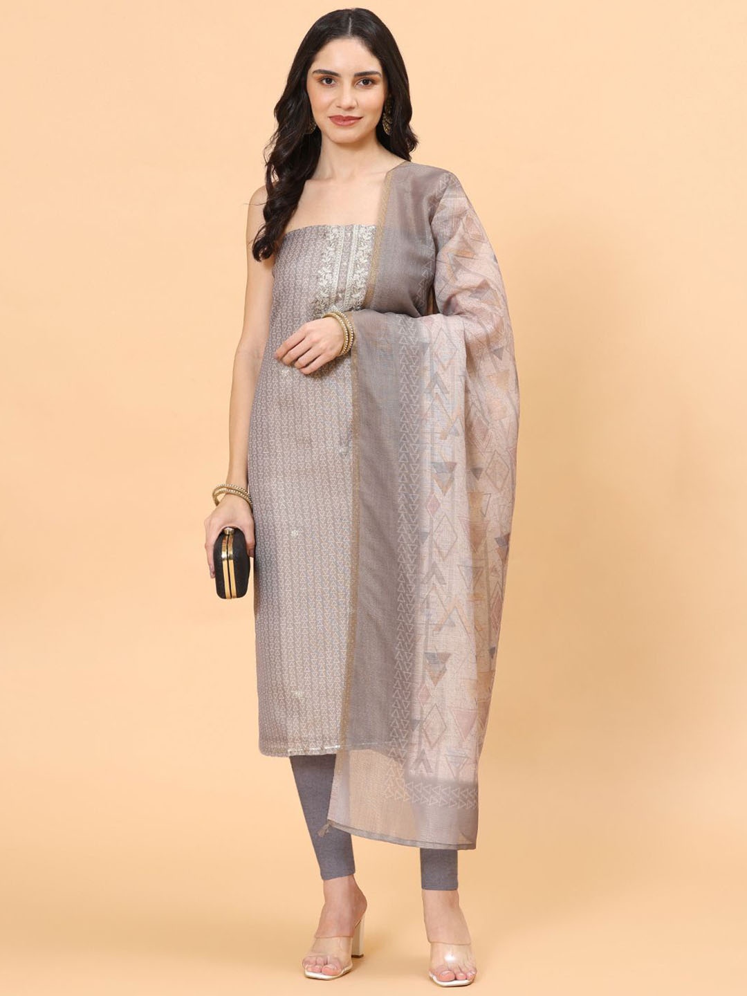 

Meena Bazaar Geometric Printed Sequinned Unstitched Dress Material, Beige