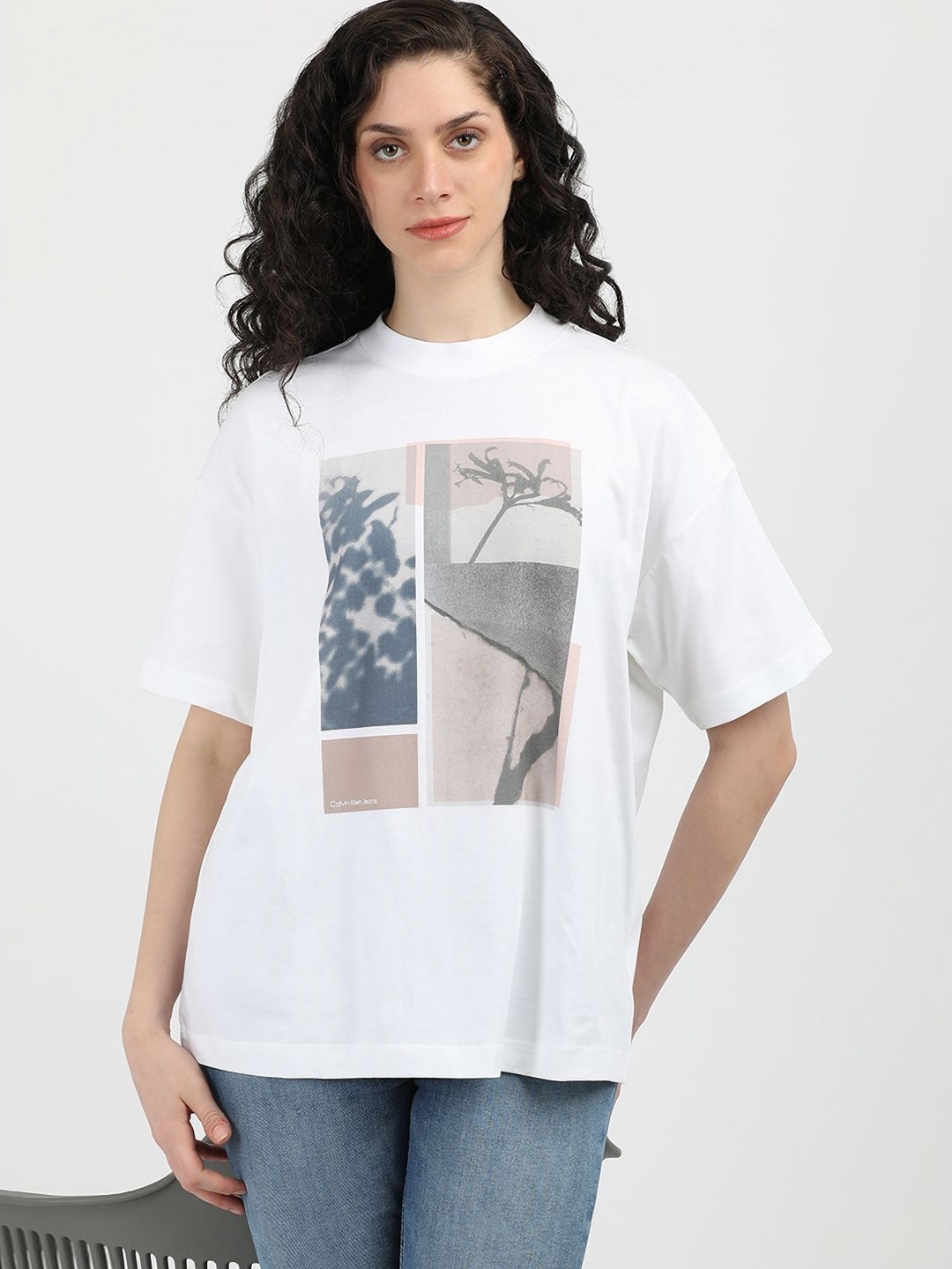 

Calvin Klein Jeans Women Graphic Printed Round Neck Cotton Oversized T-Shirt, White