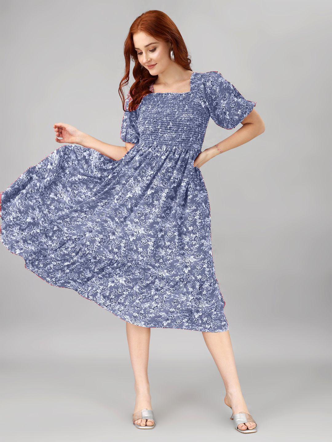 

Femvy Designer Floral Print Puff Sleeve Applique Midi Dress for women, Blue