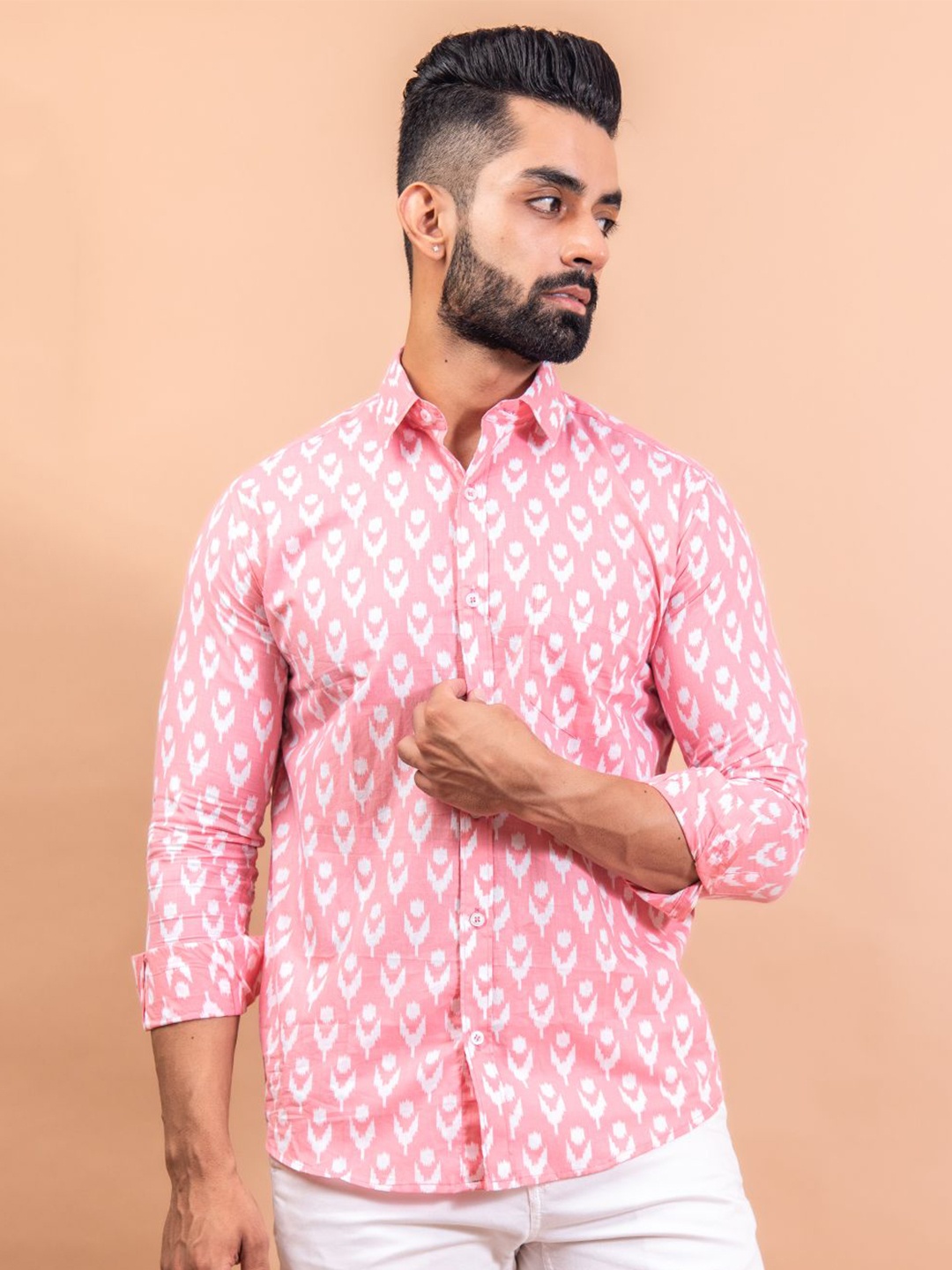 

Tistabene Men Standard Spread Collar Abstract Printed Cotton Casual Shirt, Pink