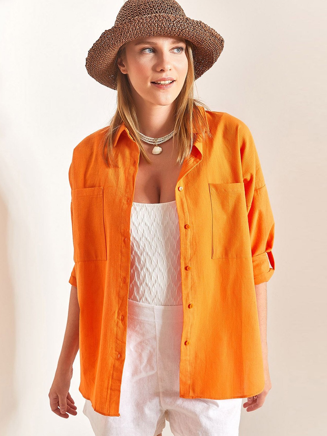 

BIANCO LUCCI Women Spread Collar Solid Cotton Casual Shirt, Orange