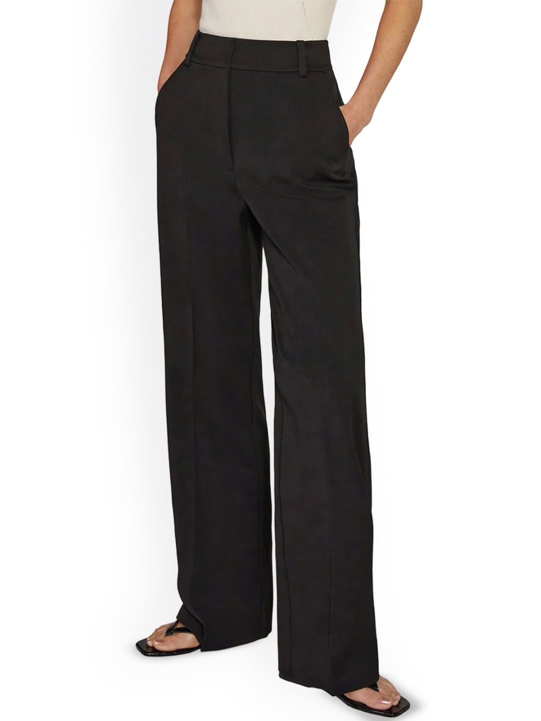 

FNOCKS Women Relaxed Straight Leg Straight Fit Easy Wash Trousers, Black