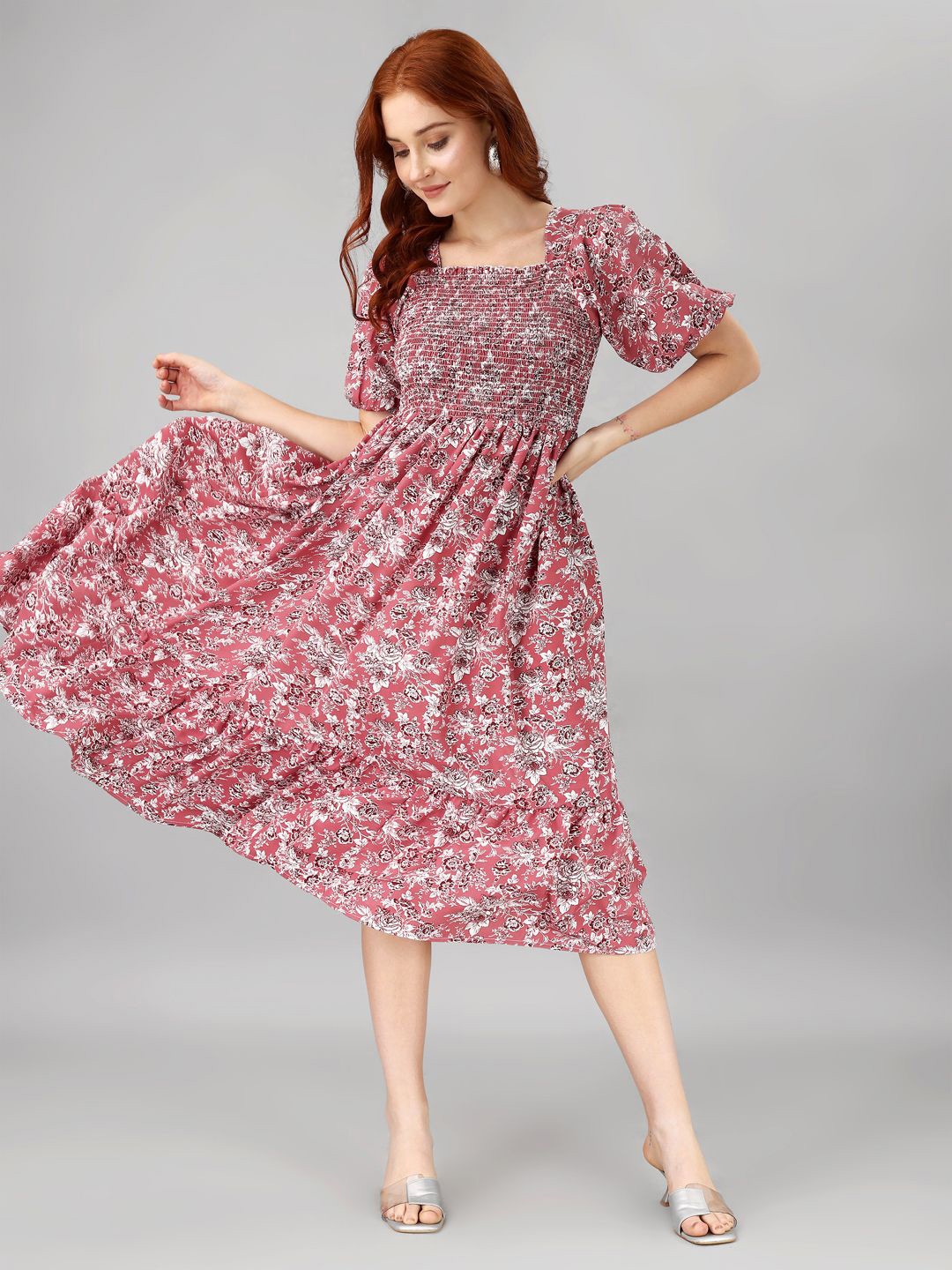 

Femvy Women Floral Printed Puff Sleeve Fit and Flare Dress, Pink