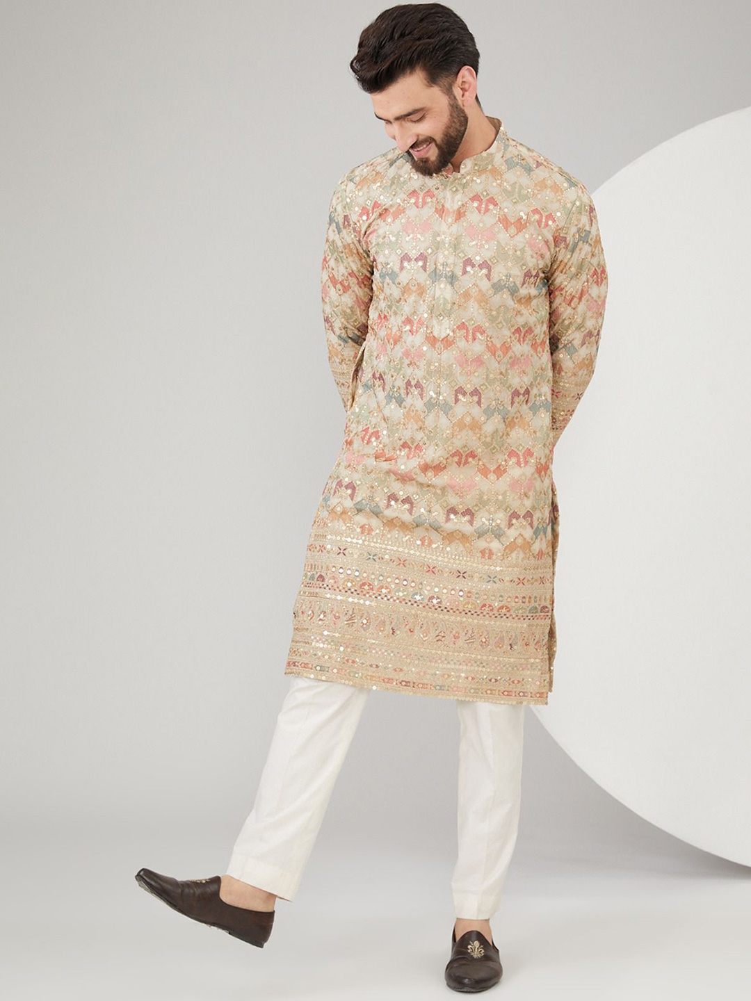 

KASBAH CLOTHING NISHCHAIY SAJDEH Embroidered Mandarin Collar Georgette Straight Kurta, Beige